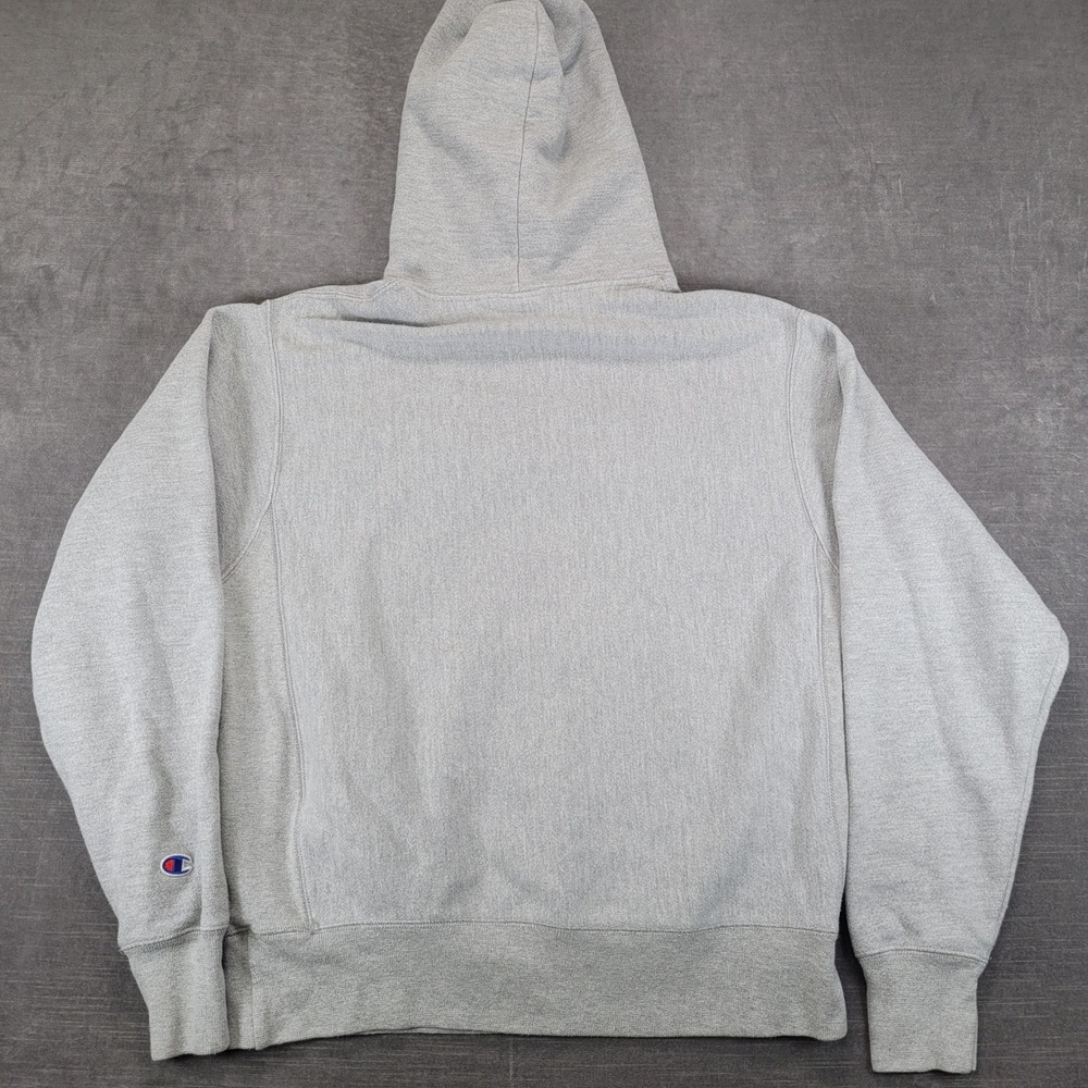 Champion Reverse Weave Mens Medium Heather Gray Script Logo Hoodie Sweatshirt - Picture 4 of 6